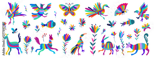 Mexican traditional otomi style embroidery elements. Big collection of traditional elements of Mexican pattern Otomi, flowers, leaves, birds, animal