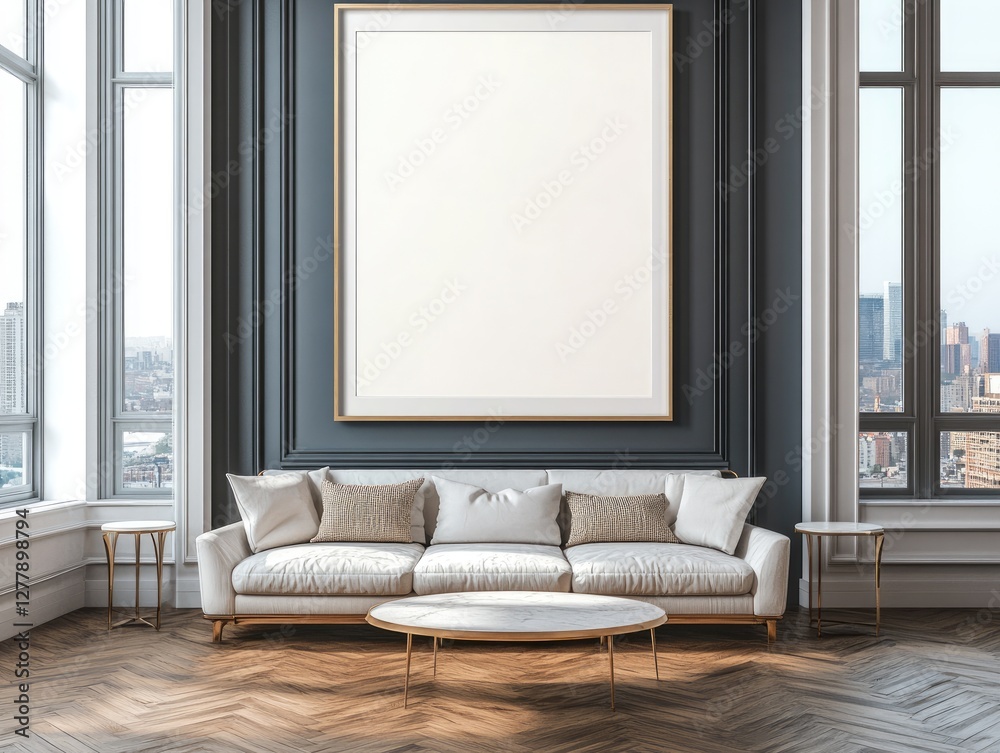Fototapeta premium Empty Frame, Modern Living Room, City View, Daytime Interior