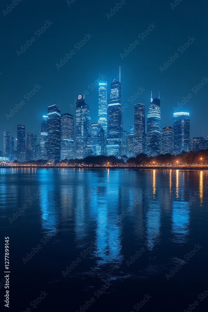 Fototapeta premium A futuristic AI-powered cityscape at night, illuminated with glowing digital connections and advanced clean energy sources.