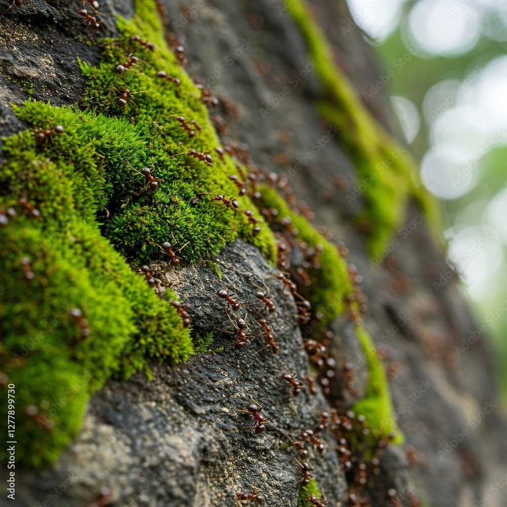 Ants climbing a vertical rock face with vibrant moss patches.
Ants climbing a vertical rock face with vibrant moss patches.