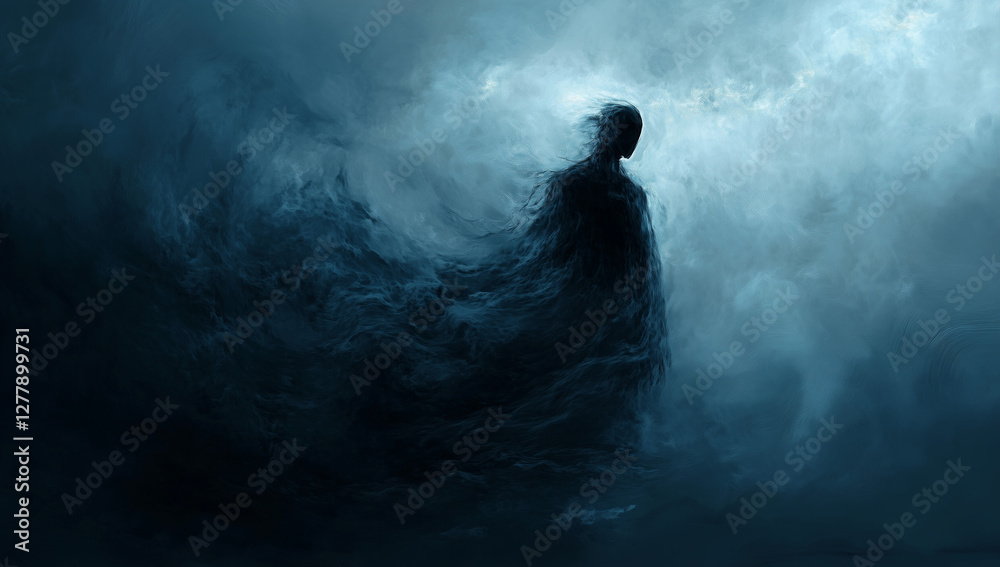 Fototapeta premium A dark, spectral figure emerges from swirling mist, with glowing eyes and menacing claws.