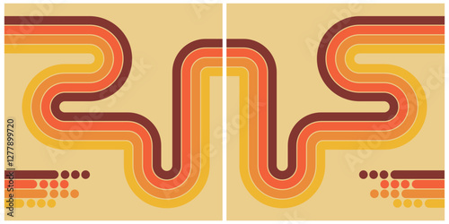 vRetro Inspired Geometric Artwork Featuring Curved Lines and Gradient Patterns in Warm Colors