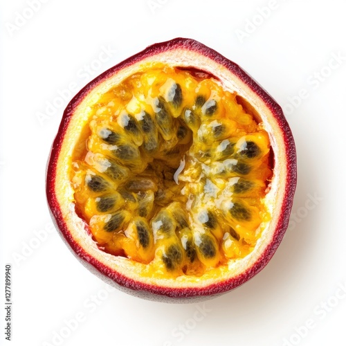 Close-up of a halved passion fruit, revealing its vibrant yellow flesh and numerous seeds.