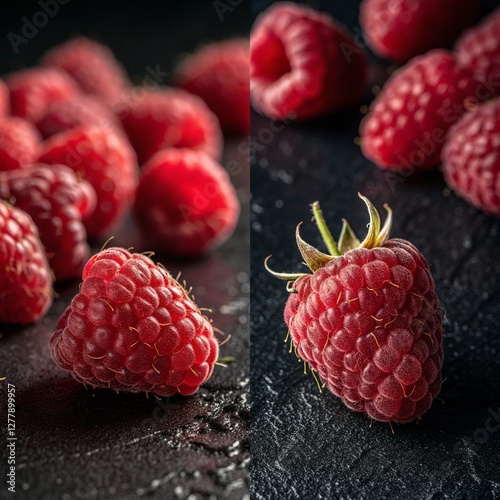 Two close up pictures of red raspberries. The first picture shows a bunch of raspberries on a black surface. The second picture shows a single red raspberry on a black surface photo