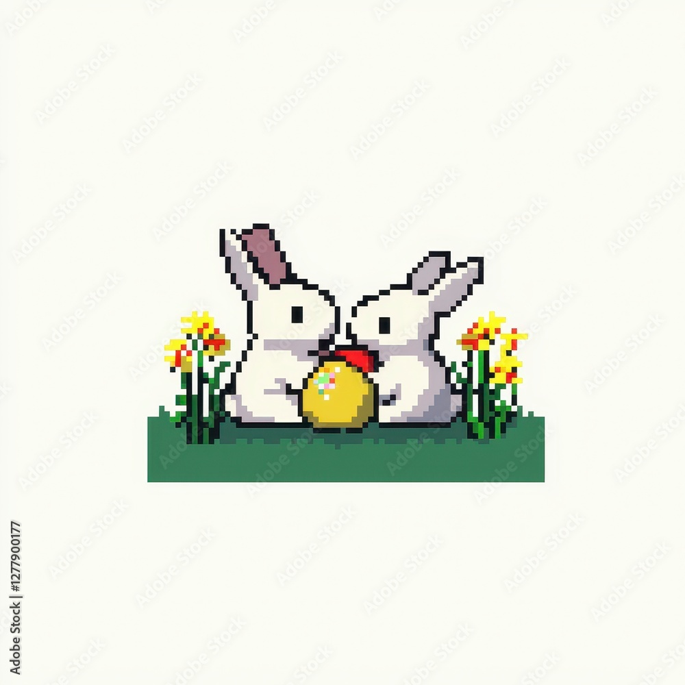 Naklejka premium Bunnies playing with a yellow ball garden pixel art springtime close-up joyful scene