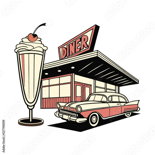 "Retro 1950s Diner with Classic Car and Milkshake – Vintage Americana Illustration"