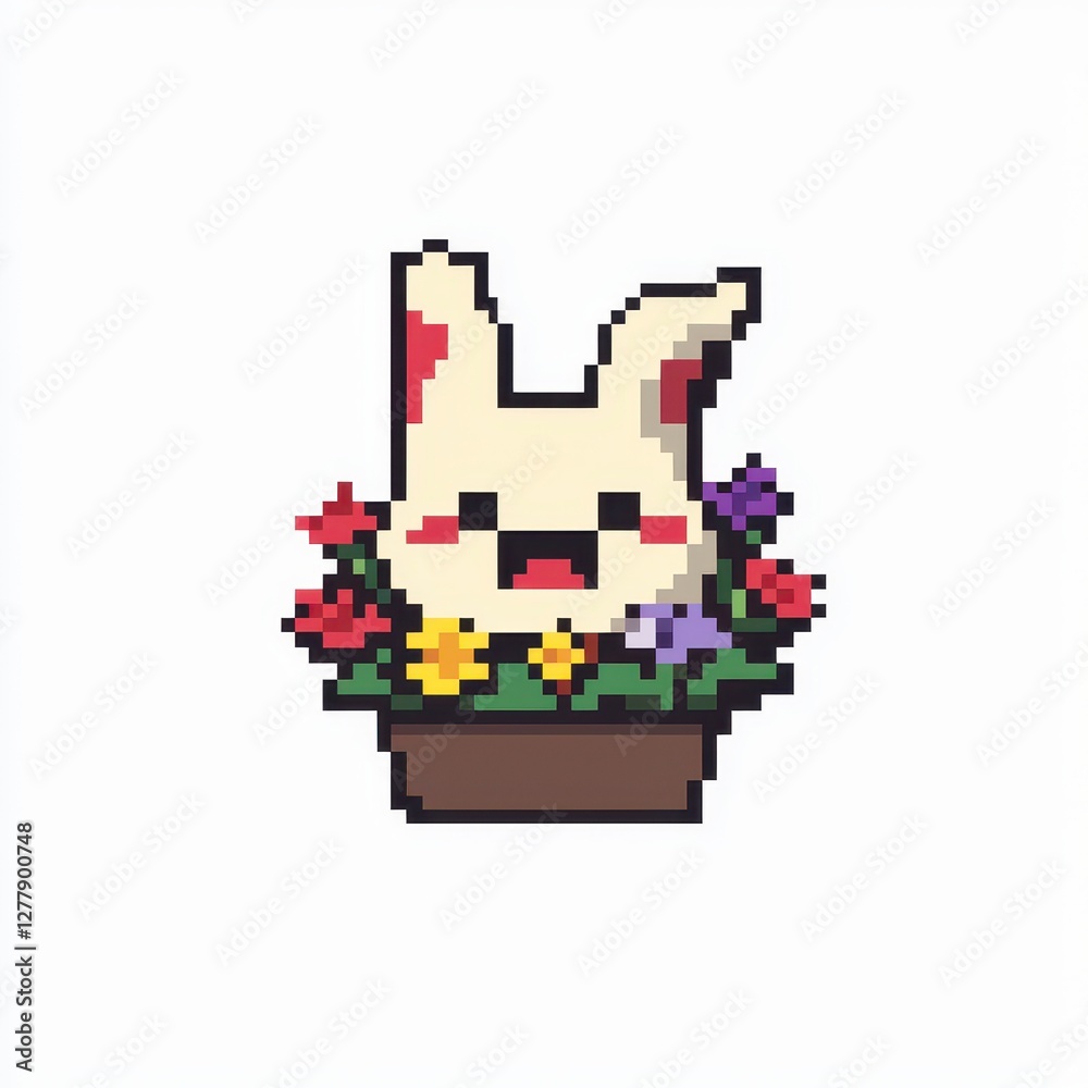 Playful pixel bunny surrounded by colorful flowers in a plant pot digital art whimsical style Playful pixel bunny surrounded by colorful flowers in a plant pot digital art whimsical style
