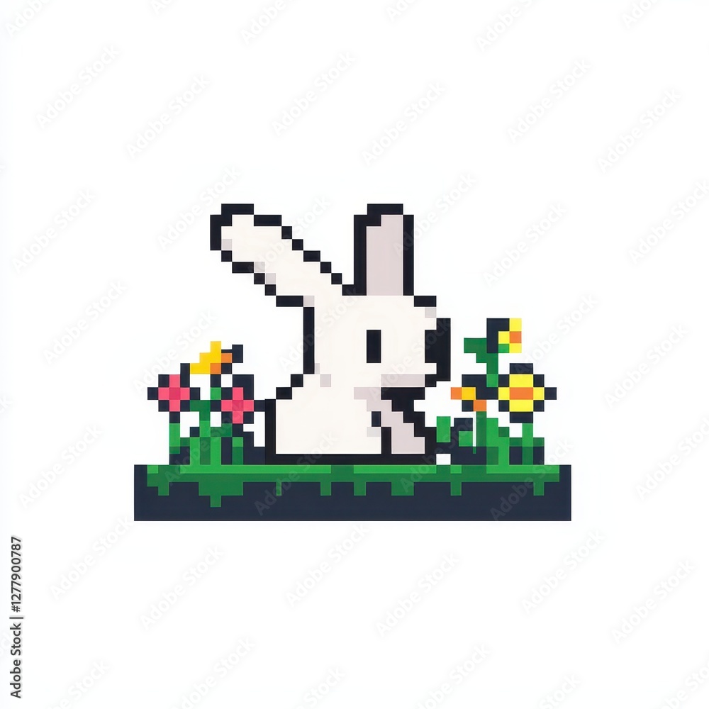 Bouncing pixel bunny among colorful flowers digital art nature playful whimsical Bouncing pixel bunny among colorful flowers digital art nature playful whimsical