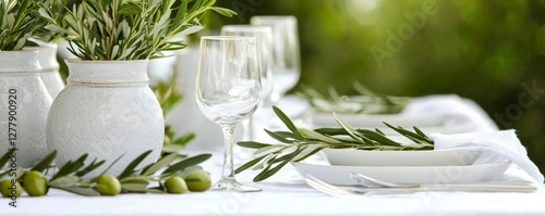 Wallpaper Mural An outdoor garden dining table set with white linen, vintage goblets, and olive branch decorations for a rustic-chic ambiance. Torontodigital.ca