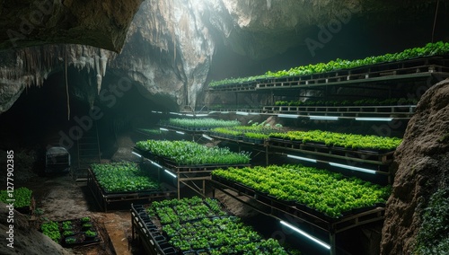 Cave hydroponic farm, plants growing on shelves, sunlight photo