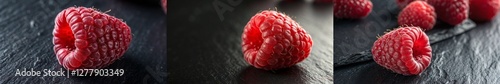 Three close up shots of a red raspberry. The first shot is a close up of the stem and the second shot is a close up of the top of the raspberry photo