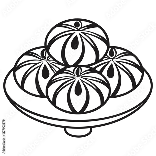 Assorted oriental sweets in black and white, delicately arranged on a plate, showcasing traditional flavors and intricate designs.
