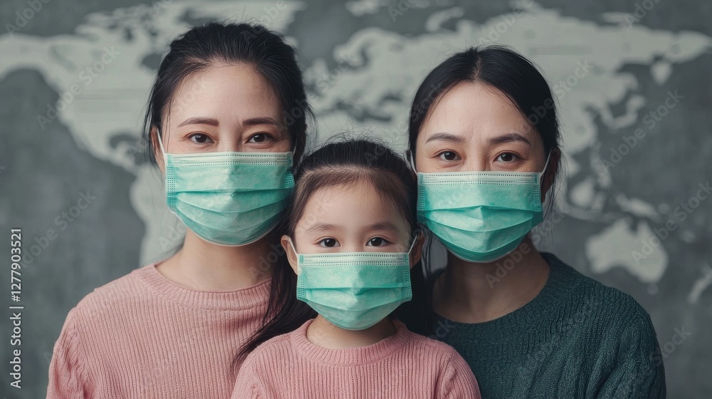 A family portrait featuring three individuals wearing masks, symbolizing health awareness and togetherness in changing times. A family portrait featuring three individuals wearing masks, symbolizing health awareness and togetherness in changing times.