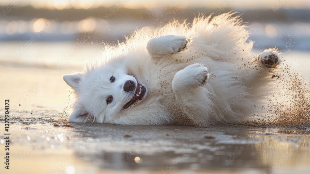 Fototapeta premium A fluffy Samoyed dog joyfully rolling in the wet sand after playing in the sea, its white fur covered in golden grains.