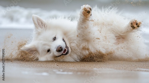 A fluffy Samoyed dog joyfully rolling in the wet sand after playing in the sea, its white fur covered in golden grains.