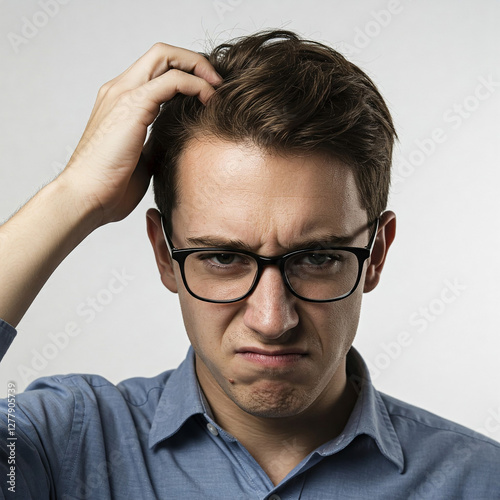 portrait of a confused young man. Young man wearing glasses scratching his head trying to find solution in white background.