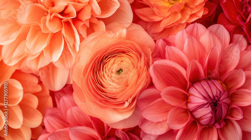 A luxurious close-up of lush ranunculus and dahlias in full bloom, their petals gracefully overlapping in a mesmerizing display of natural beauty