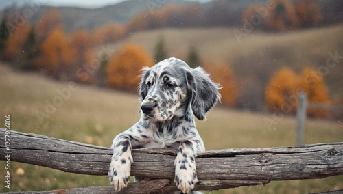 Sad gray dog with long ears looks into distance on autumn day. Spotted puppy leaned on wooden fence