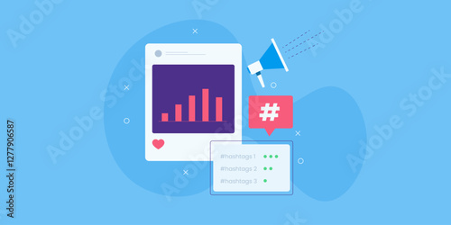 Social media hashtag marketing strategy, selecting right hashtags using analytical data conceptual online business promotion.