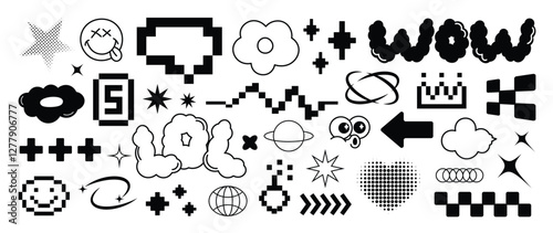 Set of y2k and groovy elements vector. Hand drawn collection of pixel, fluffy, arrow, speech bubble, text, organic shape in black and white color. Design for print, cartoon, card, decoration, sticker.