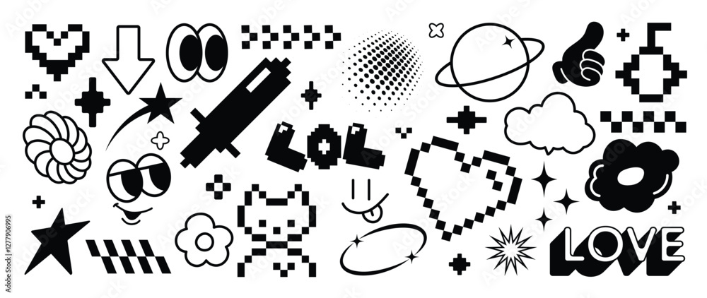 Set of y2k and groovy elements vector. Hand drawn collection of pixel, fluffy, arrow, heart, smile face, flower, sword in black and white color. Design for print, cartoon, card, decoration, sticker.