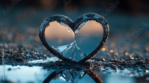 A symbolic image of a heart-shaped mirror broken in half, representing lost love or emotional pain.