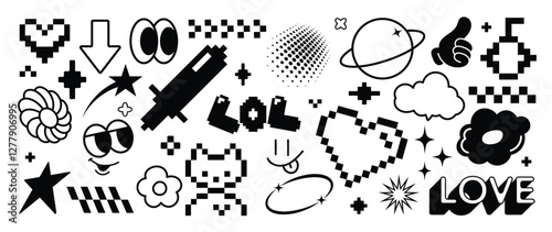 Set of y2k and groovy elements vector. Hand drawn collection of pixel, fluffy, arrow, heart, smile face, flower, sword in black and white color. Design for print, cartoon, card, decoration, sticker.