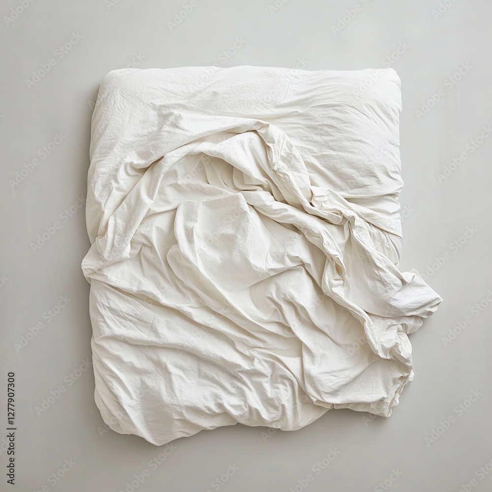 Obraz premium Wrinkled White Bedding Sheets Texture, Soft Fabric Close Up, Minimalist Style Home Decor, Cozy Bedroom Aesthetics, Comfortable Sleep