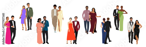 Diverse of multiracial and multinational couples wearing evening formal outfits for celebration, wedding, event, party. Happy men and women in gorgeous clothes vector realistic illustration isolated.