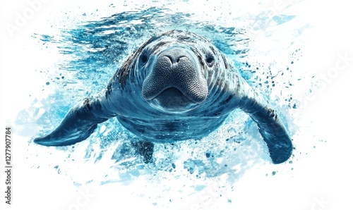 A serene manatee swimming gracefully through crystal-clear waters, surrounded by splashes