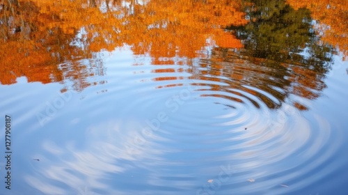 Reflections of autumn trees and sky distorting in rippled water photo