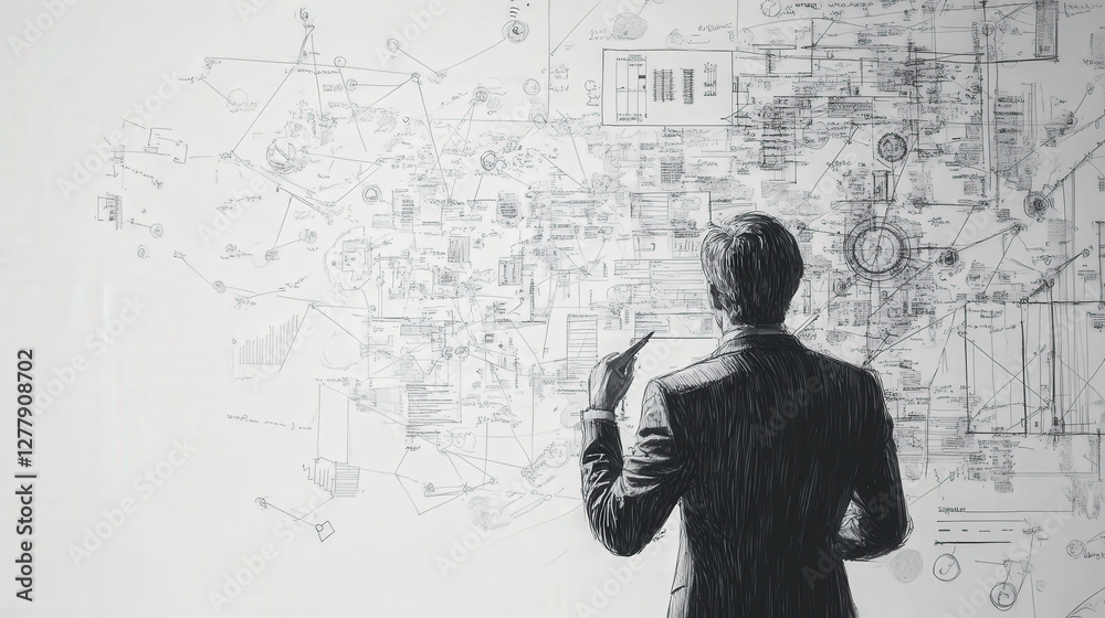 Businessman Analyzing Complex Digital Network Schematics in a Futuristic Cyber World Businessman Analyzing Complex Digital Network Schematics in a Futuristic Cyber World