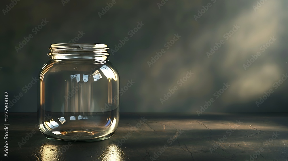 A clear empty jar reflecting sunlight on a smooth dark surface, showcasing its clarity A clear empty jar reflecting sunlight on a smooth dark surface, showcasing its clarity