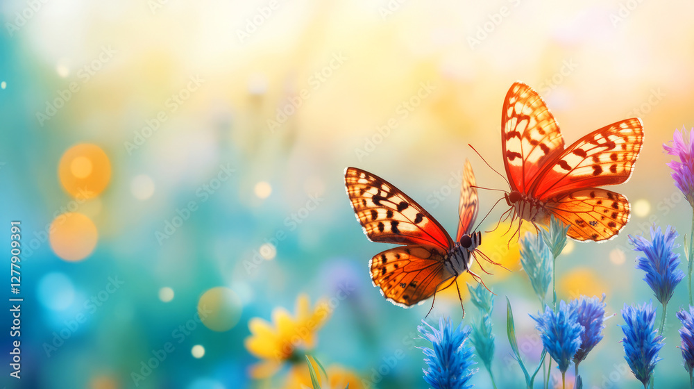 Colorful Butterflies on Vibrant Flowers in Soft Focus Background with Bokeh Effect Colorful Butterflies on Vibrant Flowers in Soft Focus Background with Bokeh Effect