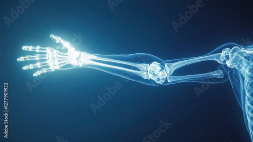An X-ray image of a human arm, showing the humerus, radius, and ulna bones in a well-lit and detailed radiographic scan.