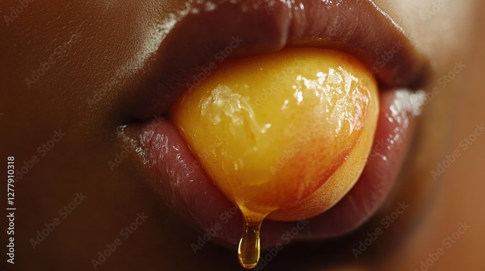 Obraz premium Close-up of a person biting into a ripe, juicy peach, with golden juice dripping from their lips. 