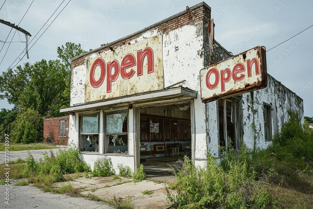 An abandoned roadside store with a peeling paint and a weathered 'Open' sign, overgrown with weeds, tells a story of a bygone era and economic decline in rural America. An abandoned roadside store with a peeling paint and a weathered 'Open' sign, overgrown with weeds, tells a story of a bygone era and economic decline in rural America.