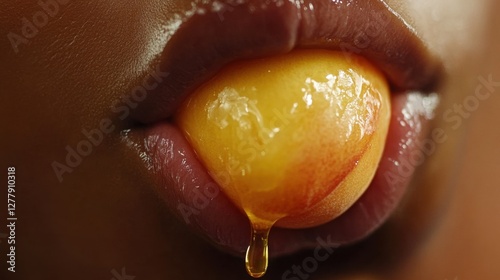 Close-up of a person biting into a ripe, juicy peach, with golden juice dripping from their lips. 