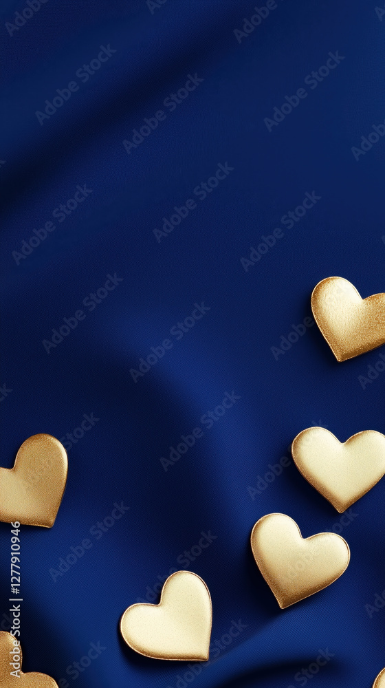 Obraz premium Elegant golden hearts on deep blue fabric background