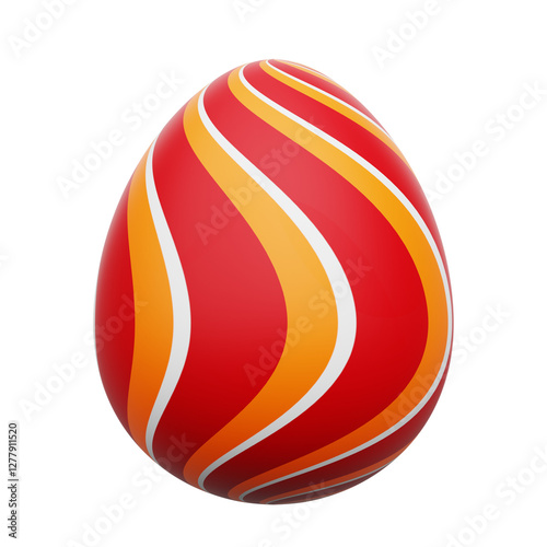 A colorful red egg with white and orange stripes shows a creative design. This egg looks shiny and is isolated. photo