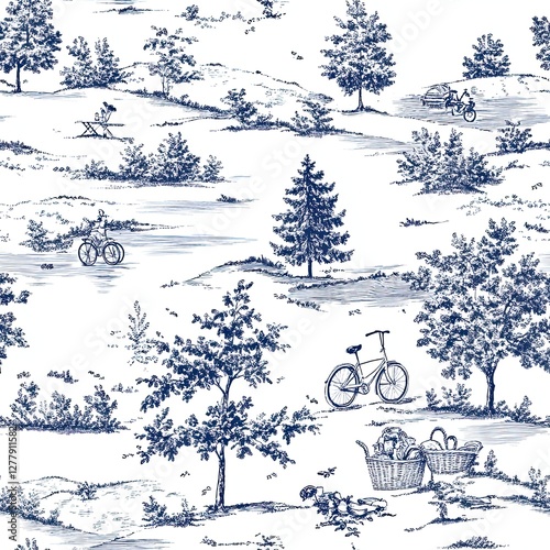 Seamless Pattern Design Charming Bicycles Picnic Baskets and Scenic Views