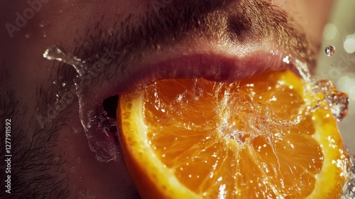 Detailed shot of a manâ€™s mouth taking a bite of a plump, juicy orange slice, with citrus juice splashing.