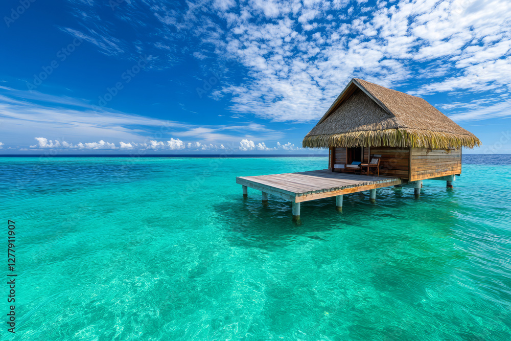 Serene Overwater Bungalow on Clear Blue Waters with Lush Tropical Landscape and Bright Sky Serene Overwater Bungalow on Clear Blue Waters with Lush Tropical Landscape and Bright Sky