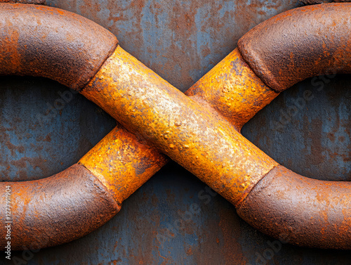 Rusty Industrial Metal Chain Links Intertwined Against a Weathered Blue Background