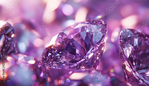 Purple diamonds sparkle, close-up, bokeh background, jewelry advertisement photo