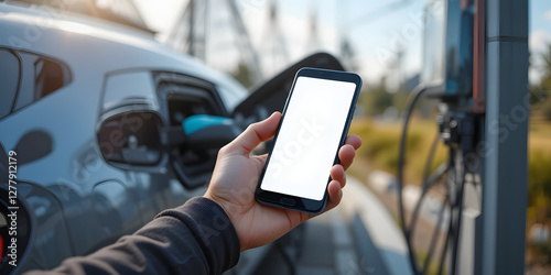 Man holding a mobile phone with a white screen while charging a vehicle at an electric station.