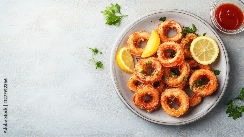 Crispy Fried Onion Rings with Lemon and Fresh Parsley on a Plate with Dipping Sauce Crispy Fried Onion Rings with Lemon and Fresh Parsley on a Plate with Dipping Sauce
