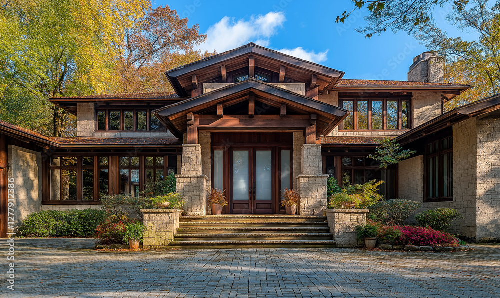 Elegant Front Entrance with Custom-Crafted Mahogany Door on Display in Luxury Home Elegant Front Entrance with Custom-Crafted Mahogany Door on Display in Luxury Home