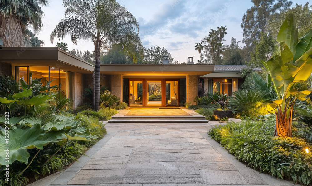 Fototapeta premium Sophisticated Contemporary Residence with Expansive Entrance and Lush Verdant Landscaping Exuding Timeless Luxury Beyond Compare