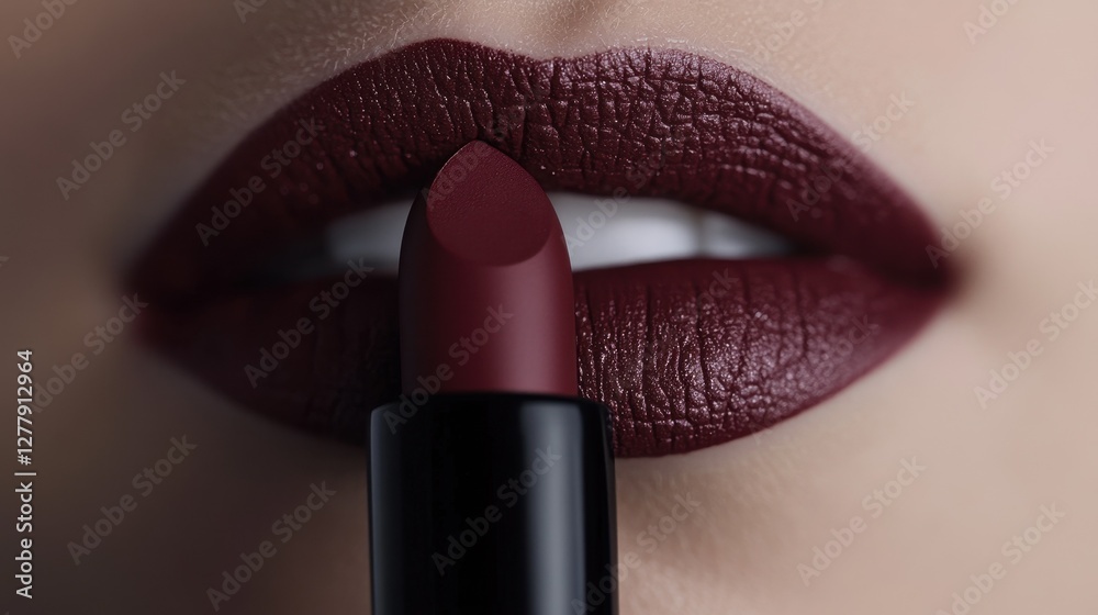 Obraz premium High-resolution close-up of a lipstick bullet touching the lips, depositing a rich matte color, with a stark white background.